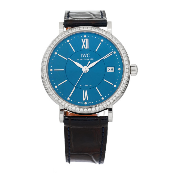 IWC Stainless Steel Alligator Diamond Bezel 37mm Portofino Automatic Watch Blue IW458111