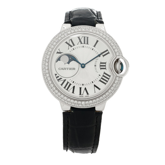 Cartier 18K White Gold Diamond Pave Bezel 37mm Ballon Bleu De Cartier Moonphase Automatic Watch