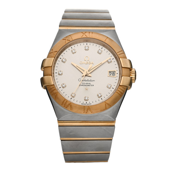 Omega Stainless Steel 18K Yellow Gold Diamond 35mm Constellation Co-Axial Automatic Watch Silver 123.20.35.20.52.002