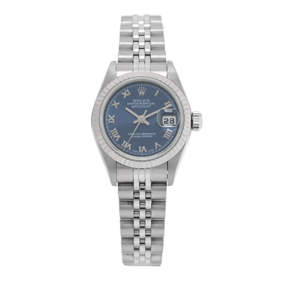 Rolex Stainless Steel 18K White Gold 26mm Oyster Perpetual Datejust Watch Blue Roman 79174