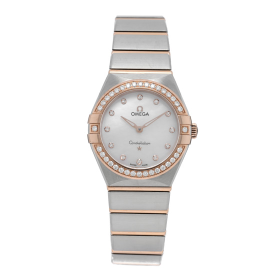 Omega Stainless Steel 18K Sedna Gold Diamond Bezel Mother of Pearl 28mm Constellation Quartz Watch 131.25.28.60.55.001