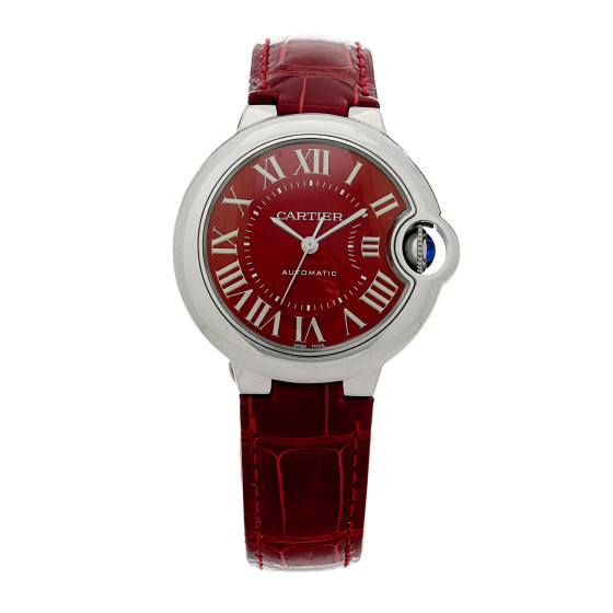 Cartier Stainless Steel Alligator 33mm Ballon Bleu De Cartier Automatic Watch Red