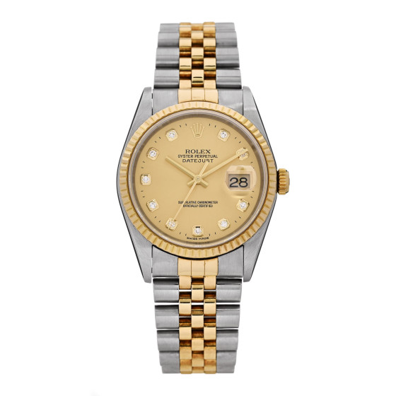 Rolex Stainless Steel 18K Yellow Gold Diamond 36mm Oyster Perpetual Datejust Watch Champagne 16233