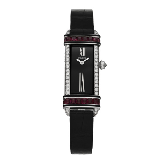 Cartier 18K White Gold Alligator Diamond Rubby 15mm Tank Chinoise Quartz Watch Black