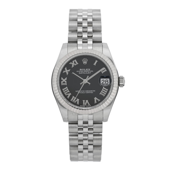 Rolex Stainless Steel 18K White Gold 31mm Oyster Perpetual Datejust Watch Black Roman 178274