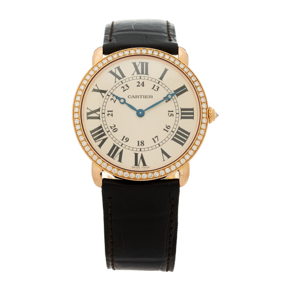 Cartier 18K Pink Gold Alligator Diamond Bezel 36mm Ronde Louis Manual Winding Watch Brown