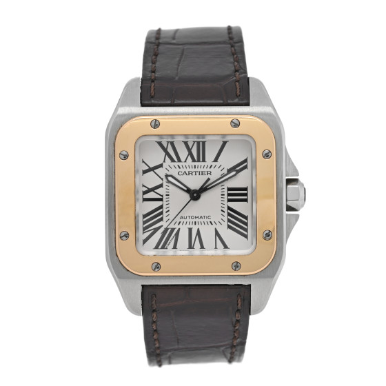 Cartier Stainless Steel 18K Yellow Gold 33mm Santos 100 Automatic Watch Brown