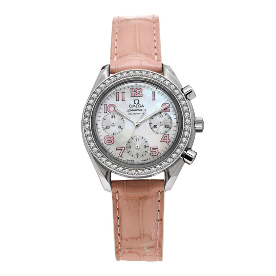 Omega Stainless Steel Alligator Diamond Bezel Mother of Pearl 35.5mm Speedmaster Chronograph Automatic Watch 3835.70.36