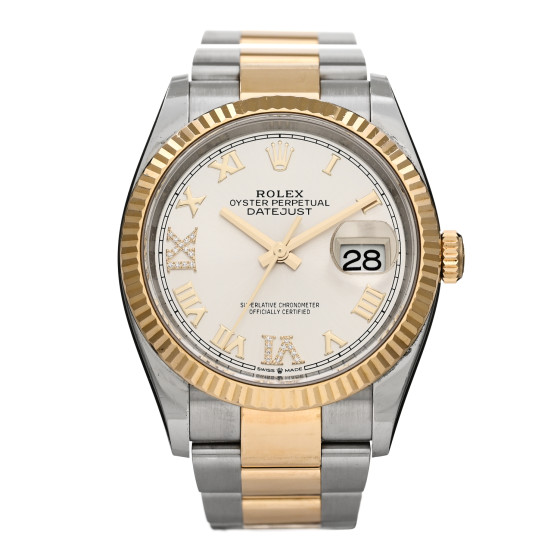 Rolex Stainless Steel 18K Yellow Gold Diamond 36mm Oyster Perpetual Datejust Watch Silver Roman 126233