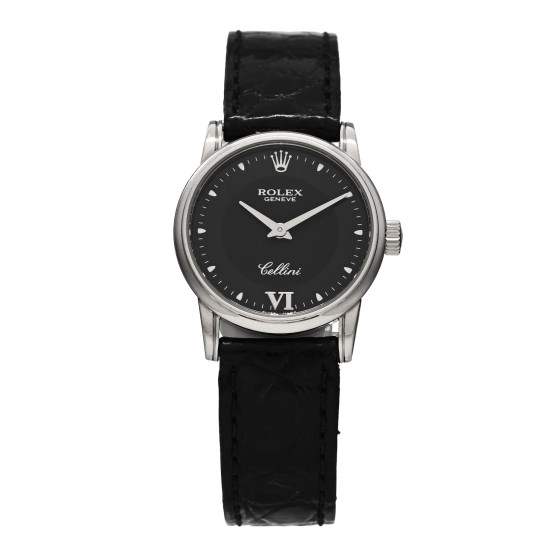 Rolex 18K White Gold Alligator 25mm Cellini Quartz Watch Black 6111