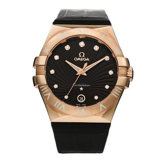 Omega 18K Red Gold Alligator Diamond 35mm Constellation Quartz Watch Brown 123.53.35.60.63.001