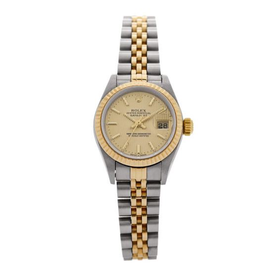 Rolex Stainless Steel 18K Yellow Gold 26mm Oyster Perpetual Datejust Watch Champagne Tapestry 79173