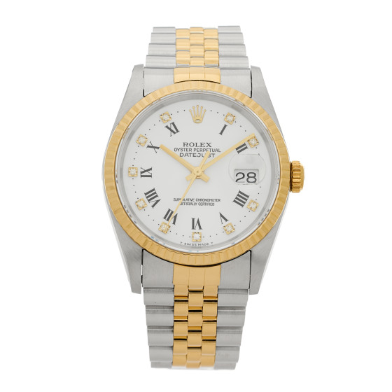 Rolex Stainless Steel 18K Yellow Gold Diamond 36mm Oyster Perpetual Datejust Watch White Roman 16233