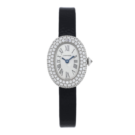 Cartier 18K White Gold Calfskin Diamond Bezel 19mm Baignoire Quartz Watch