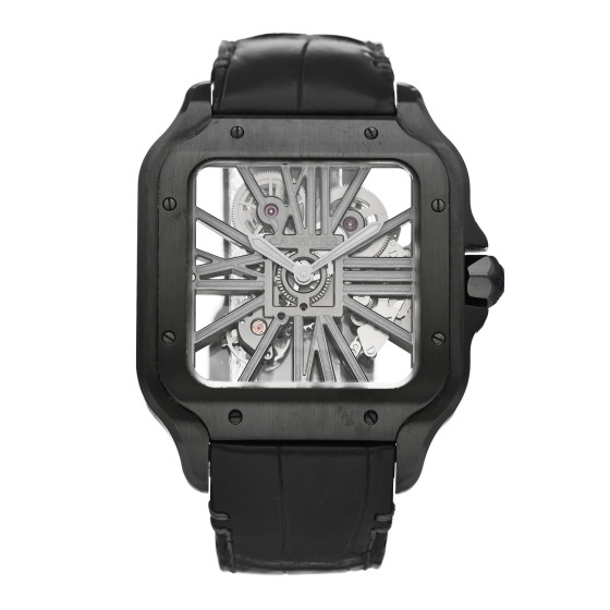 Cartier ADLC Stainless Steel Alligator 39.8mm Santos De Cartier Skeleton Manual Winding Watch Black