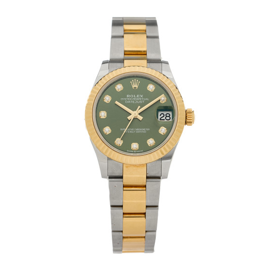 Rolex Stainless Steel 18K Yellow Gold Diamond 31mm Oyster Perpetual Datejust Watch Olive Green 278273