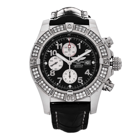 Breitling Stainless Steel Alligator Diamond Bezel 48mm Super Avenger Automatic Watch Black A13370