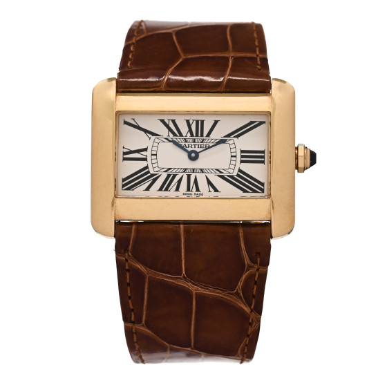 Cartier 18K Yellow Gold Alligator 38mm Tank Divan Quartz Watch Brown