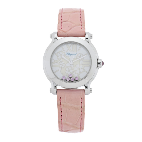 Chopard Stainless Steel Alligator Pink Sapphire Mother of Pearl 30mm Happy Sport Blossom Quartz Watch