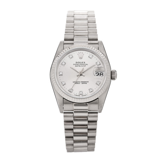 Rolex 18K White Gold Diamond 31mm Datejust President Watch Silver 68279